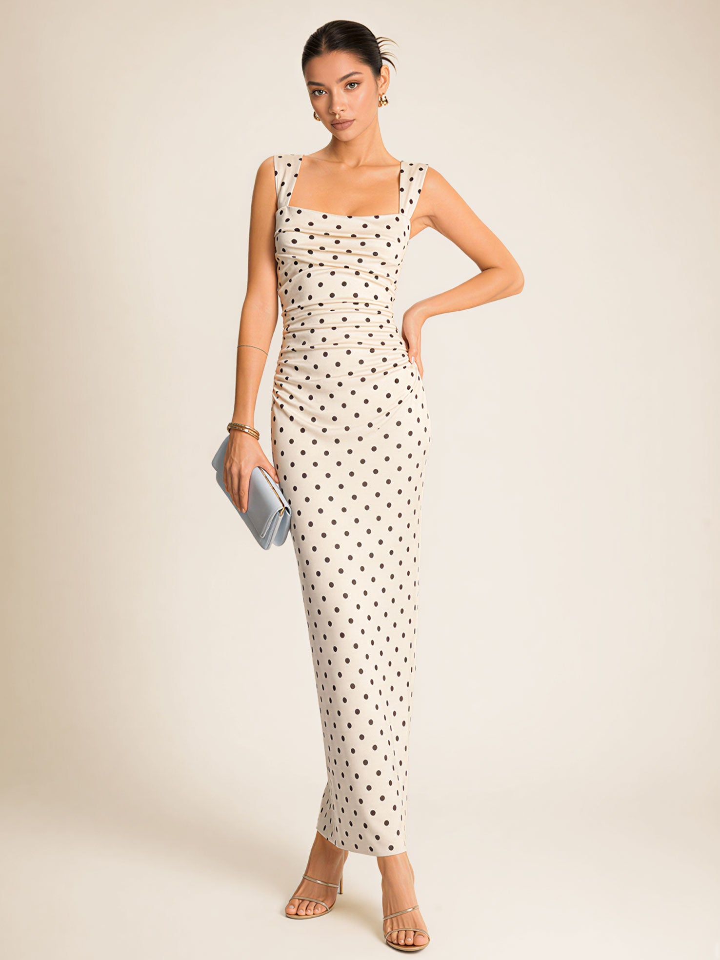 Polka Dot Sweetheart Neckline Midi Dress