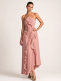 Pleated Halter  Ruffle Details Midi Dress