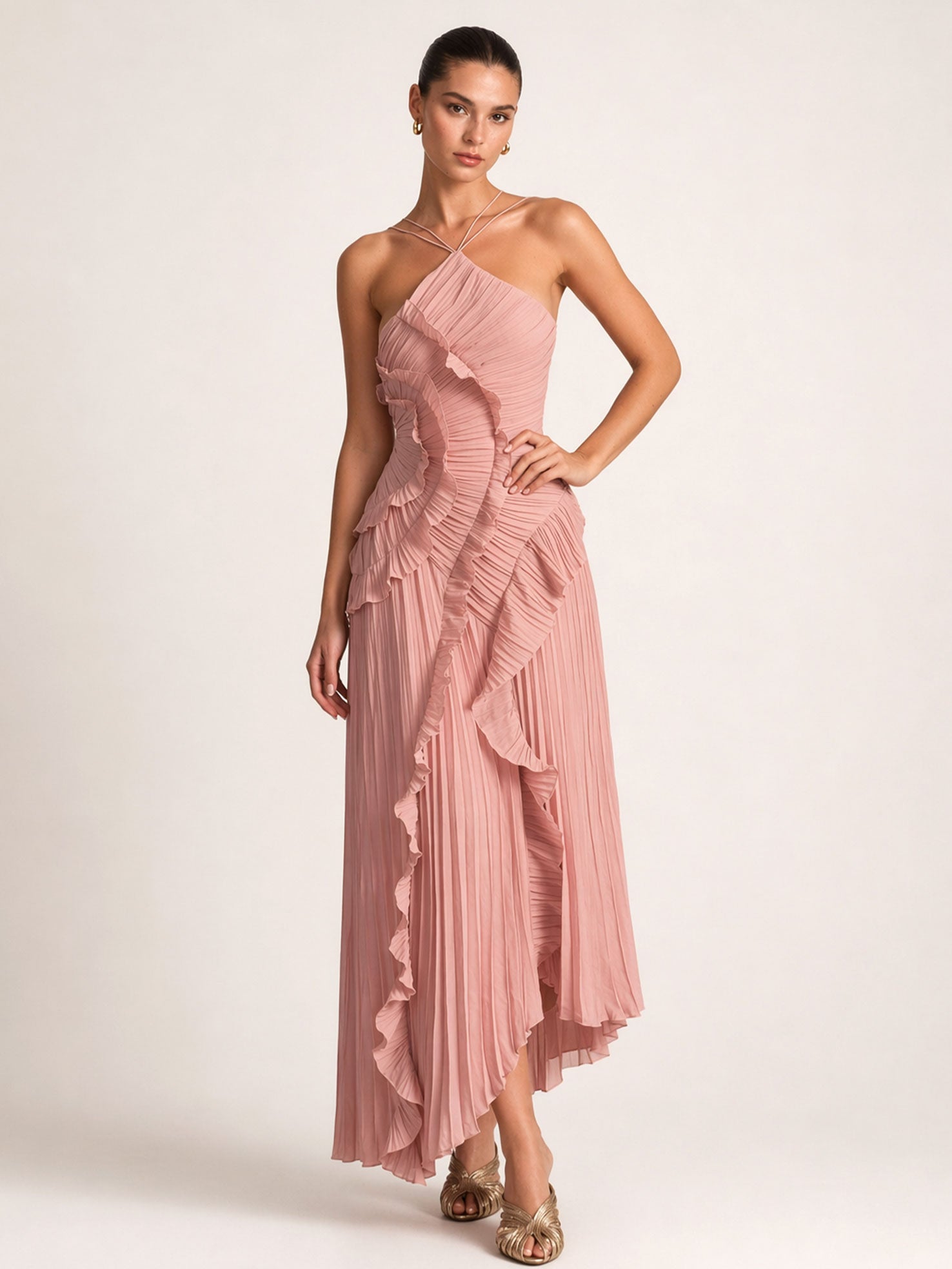 Pleated Halter  Ruffle Details Midi Dress