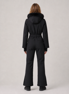 Zephrina Signe belted flared one-piece ski suit in black