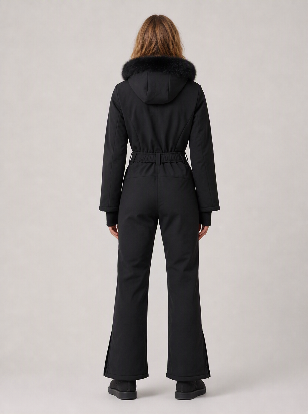 Zephrina Signe belted flared one-piece ski suit in black