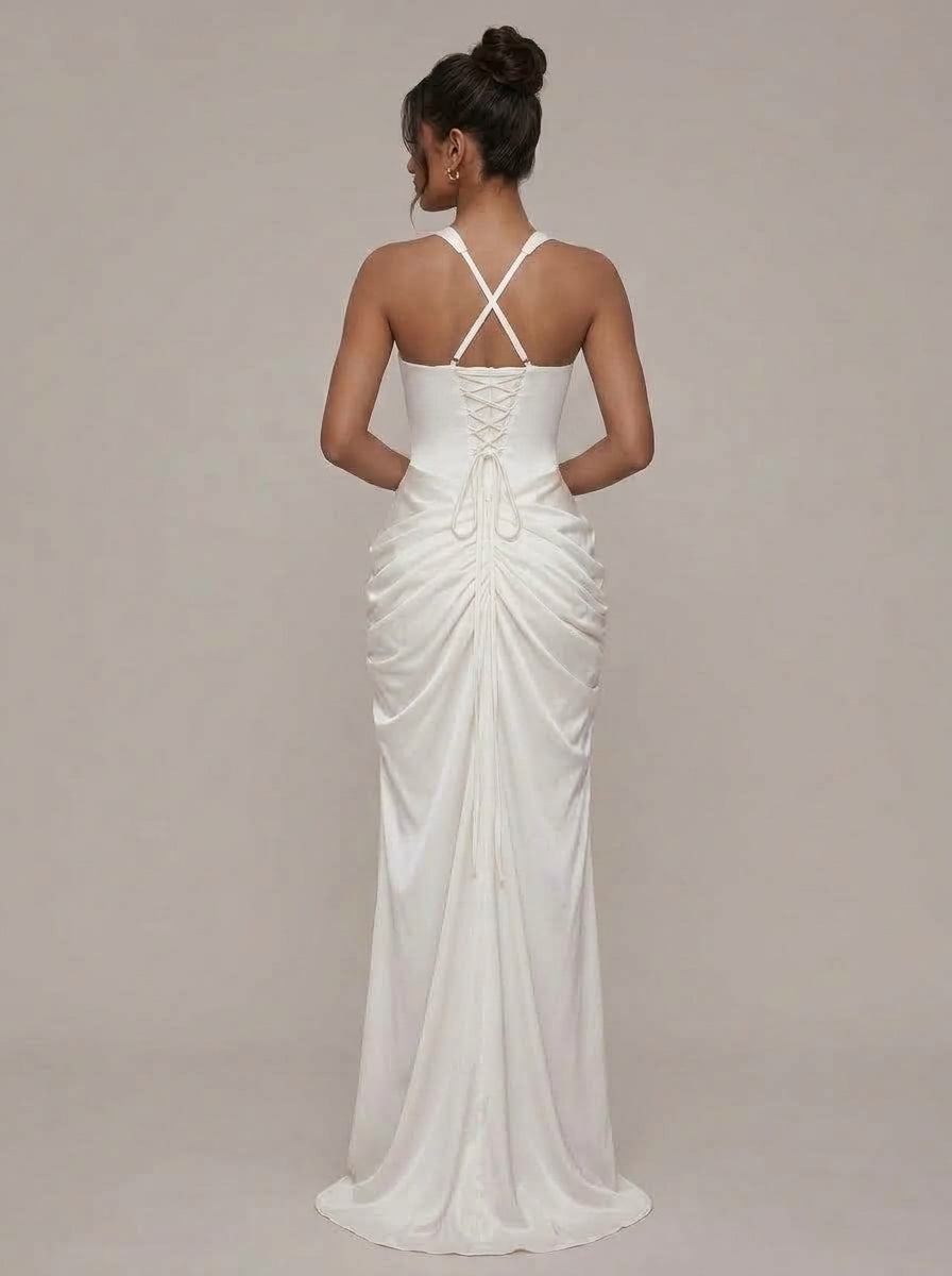 Zephrina Elaria halter draped maxi dress in white
