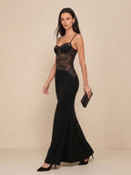 Zephrina black lace bodice maxi dress with slim straps