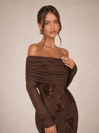 Zephrina Rosamund embroidered off-shoulder maxi dress in coffee