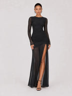 Zephrina Gwendolyn ruched mesh slit maxi dress in black
