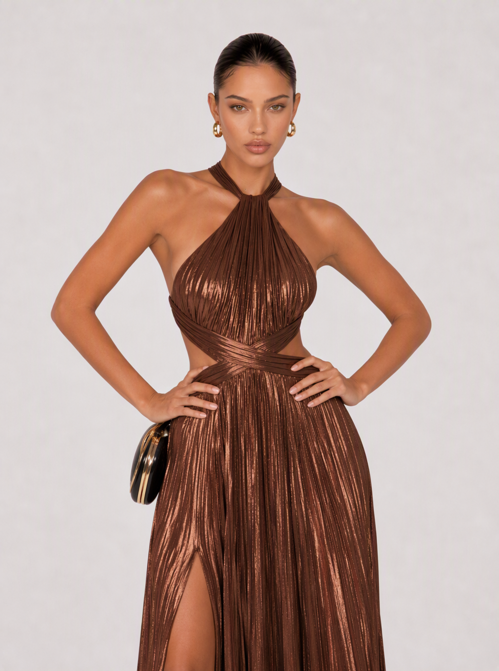 Zephrina Liselotte metallic pleated halter maxi dress in golden brown