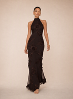 Zephrina Josette embroidered mesh maxi dress in chocolate