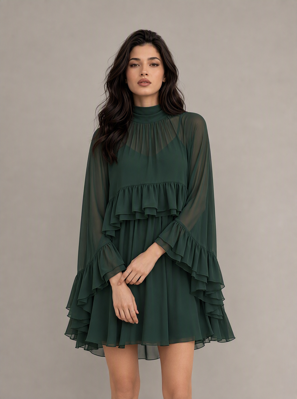 Zephrina Cressida ruffle chiffon mini dress in brown