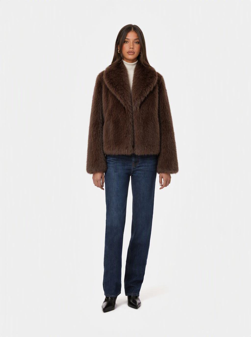Zephrina Arabella shawl collar faux fur coat in coffee