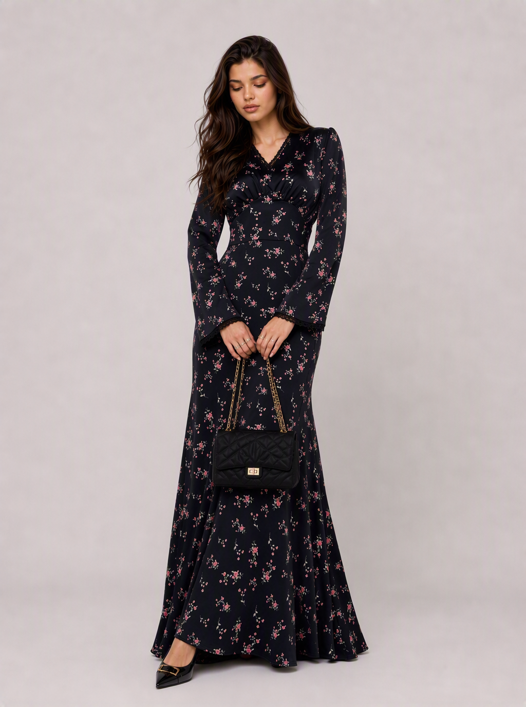 Zephrina Fressia floral lace maxi dress in black