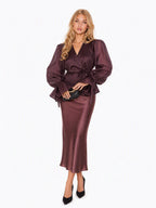 Zephrina Mavis bow sleeve satin set in brown