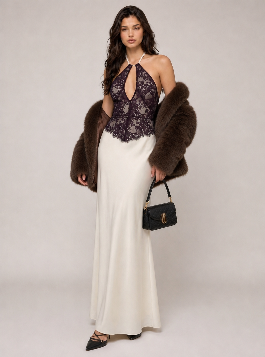 Zephrina Nicolette lace halter satin skirt maxi dress in black