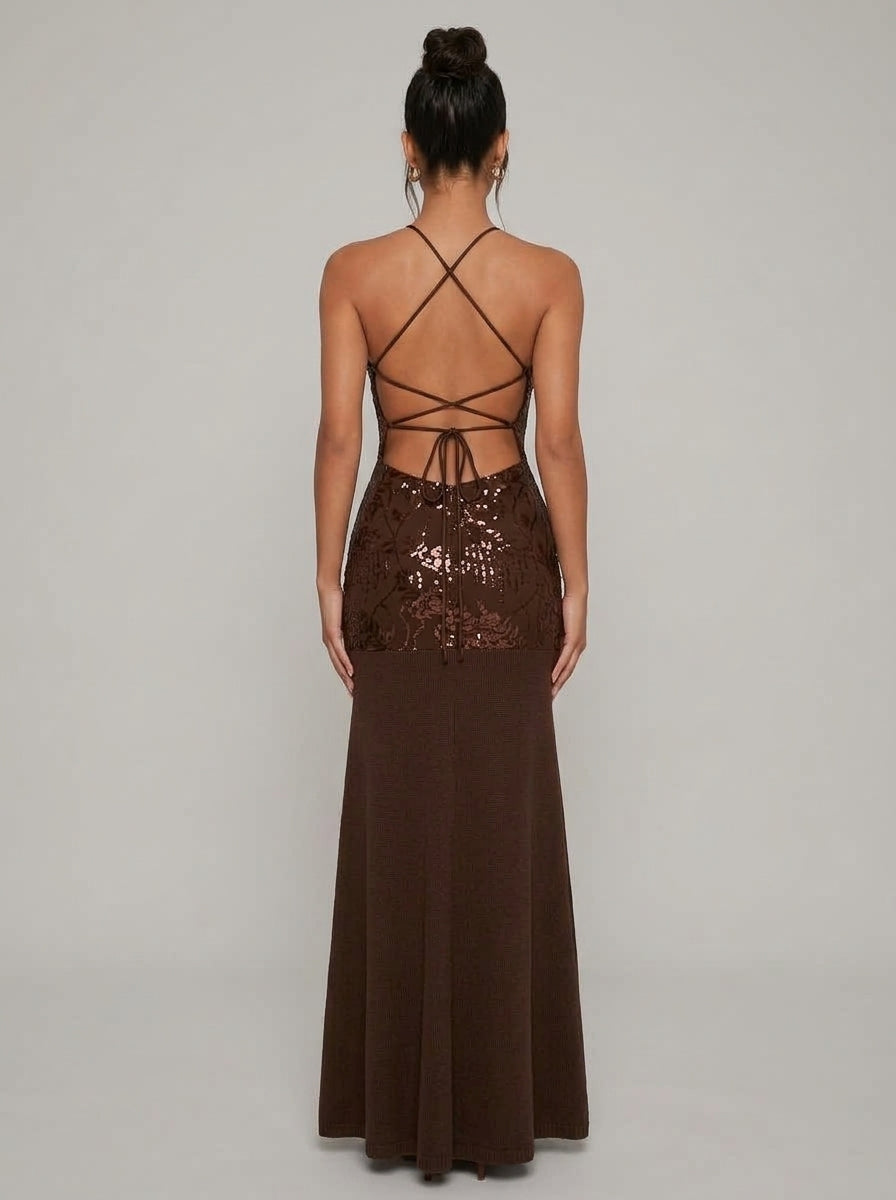 Zephrina Solara sequin halter maxi dress in coffee