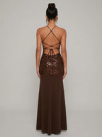 Zephrina Solara sequin halter maxi dress in coffee
