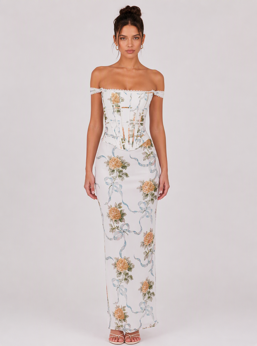 Zephrina Eglantine off-shoulder floral maxi dress in white floral print