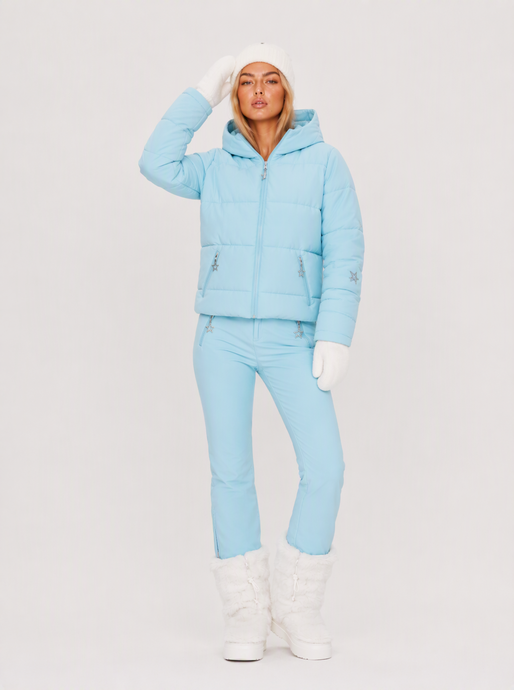 Zephrina Ingunn pastel quilted ski set with hooded jacket and flared pants in blue