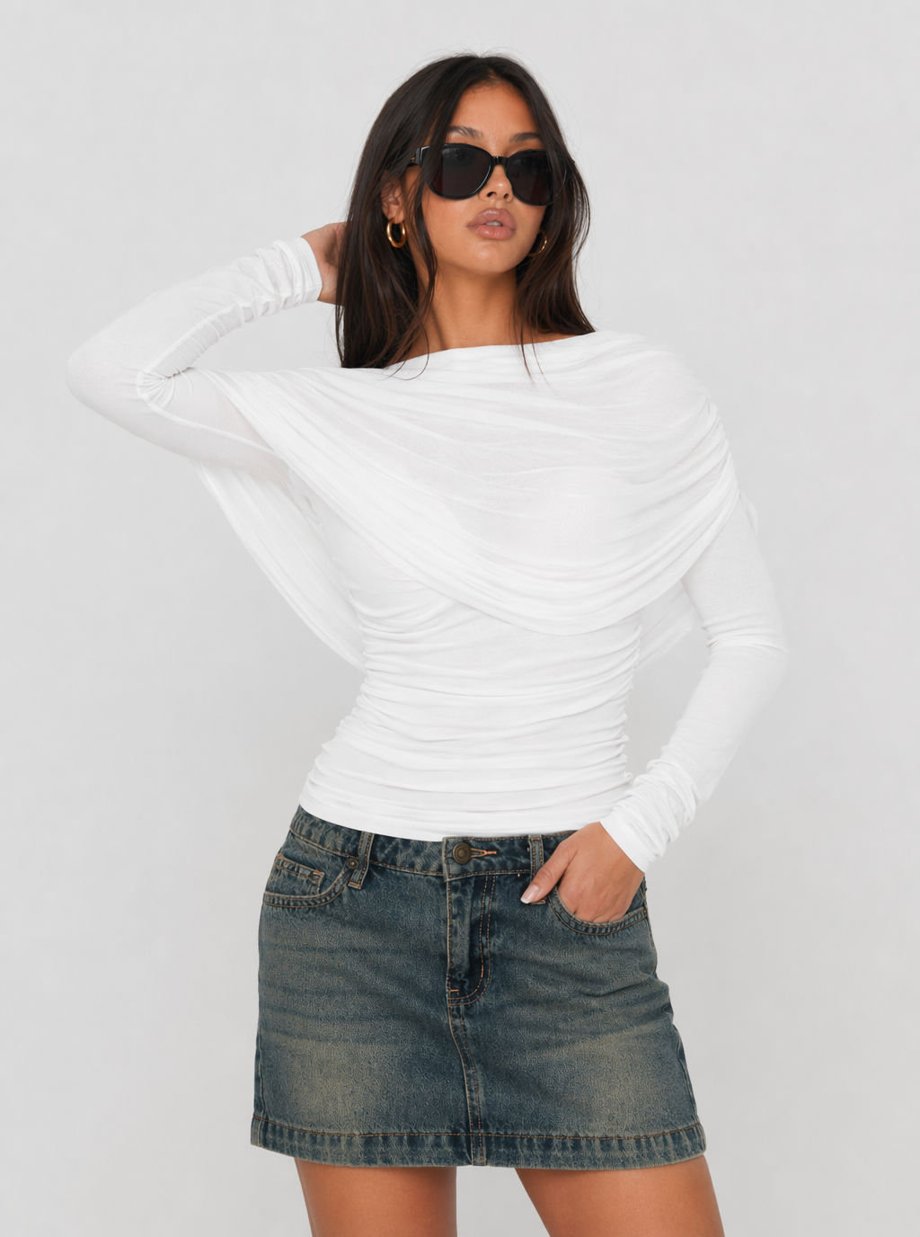 Jasmine gerafftes Langarm-Mesh-Oberteil
