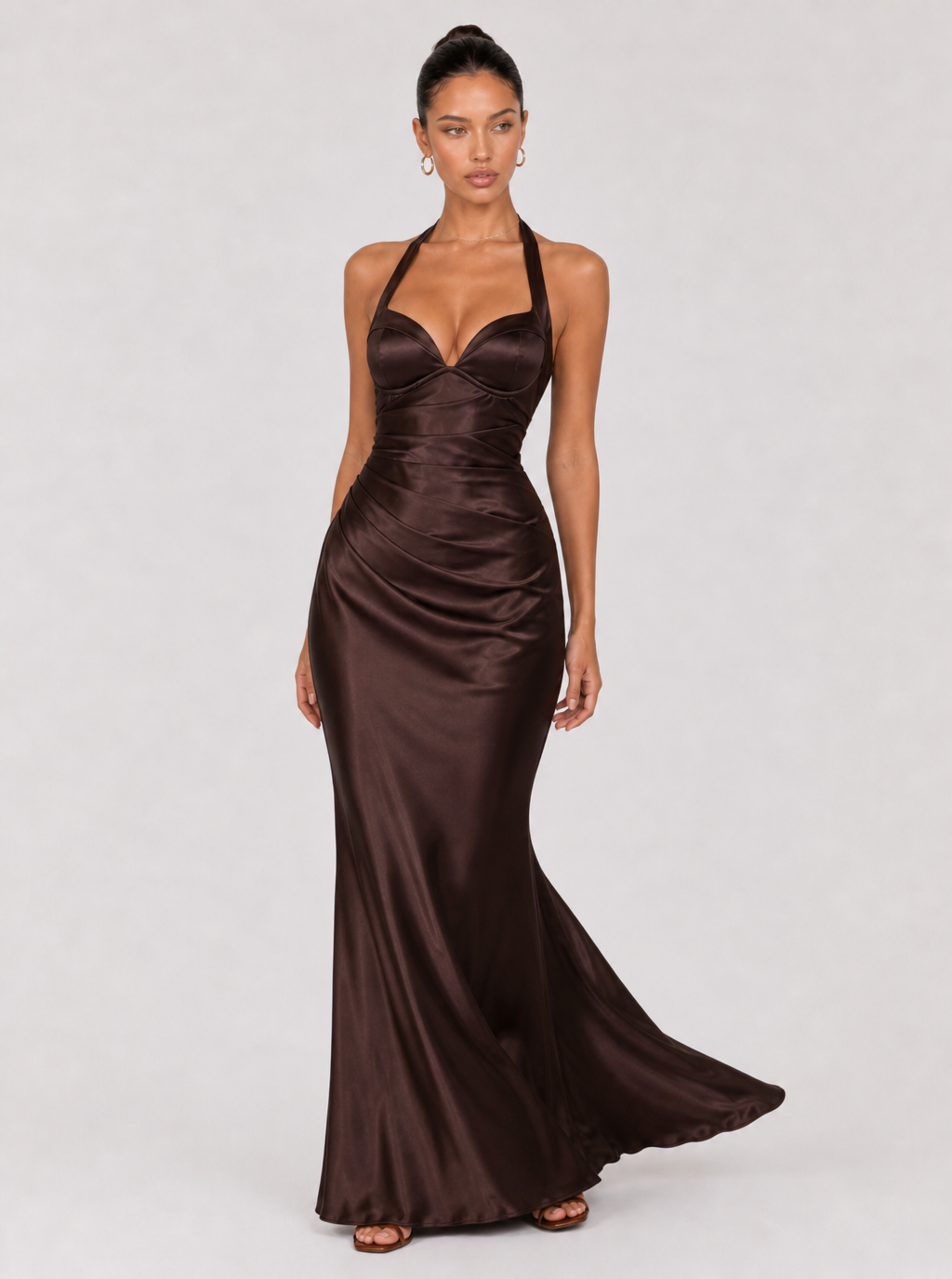 Zephrina Philomena halter satin maxi dress in brown