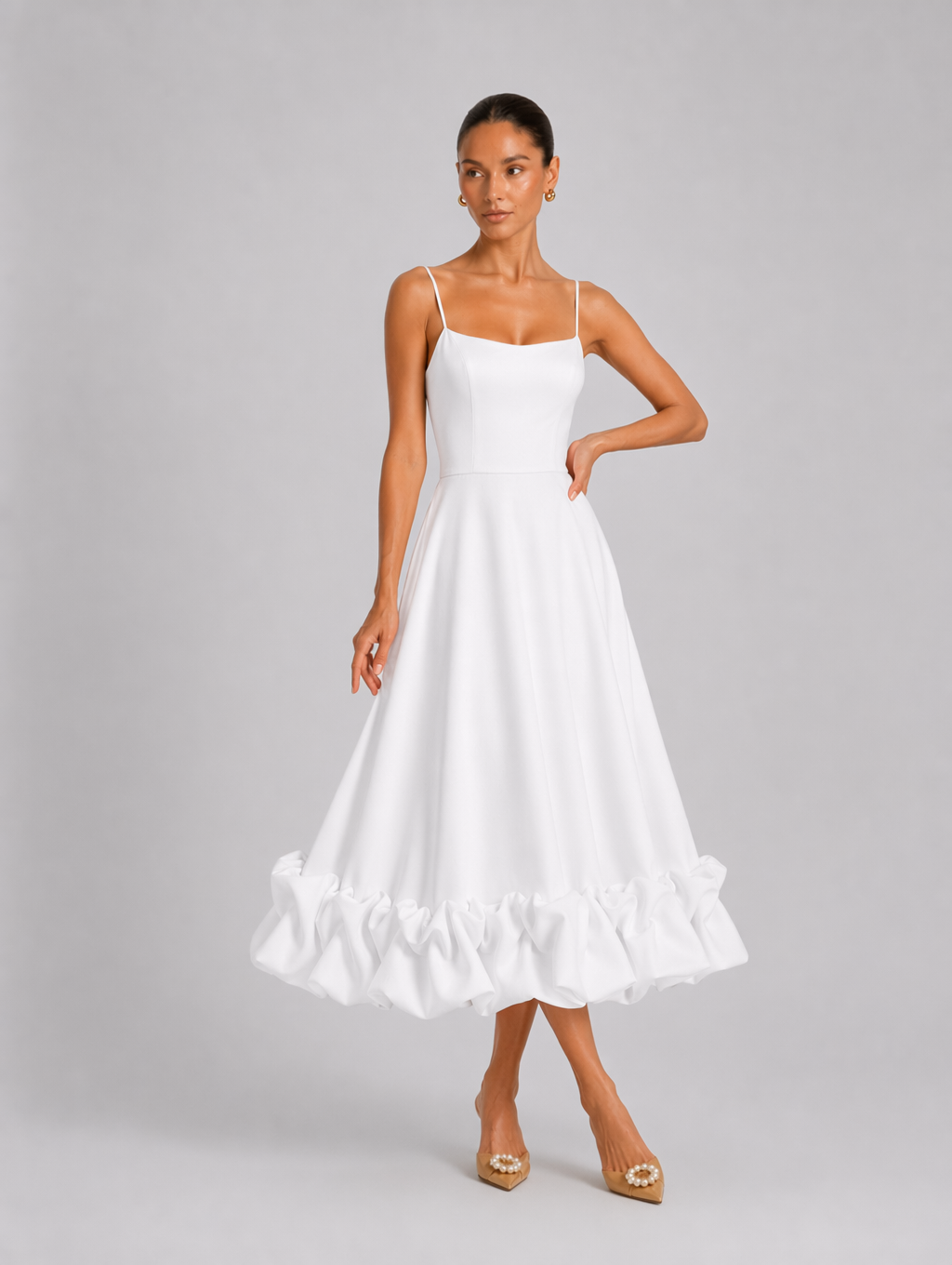Square Neck Ruffle Hem A-Line Satin Dress