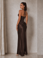 Zephrina Bertille draped halter satin maxi dress in brown