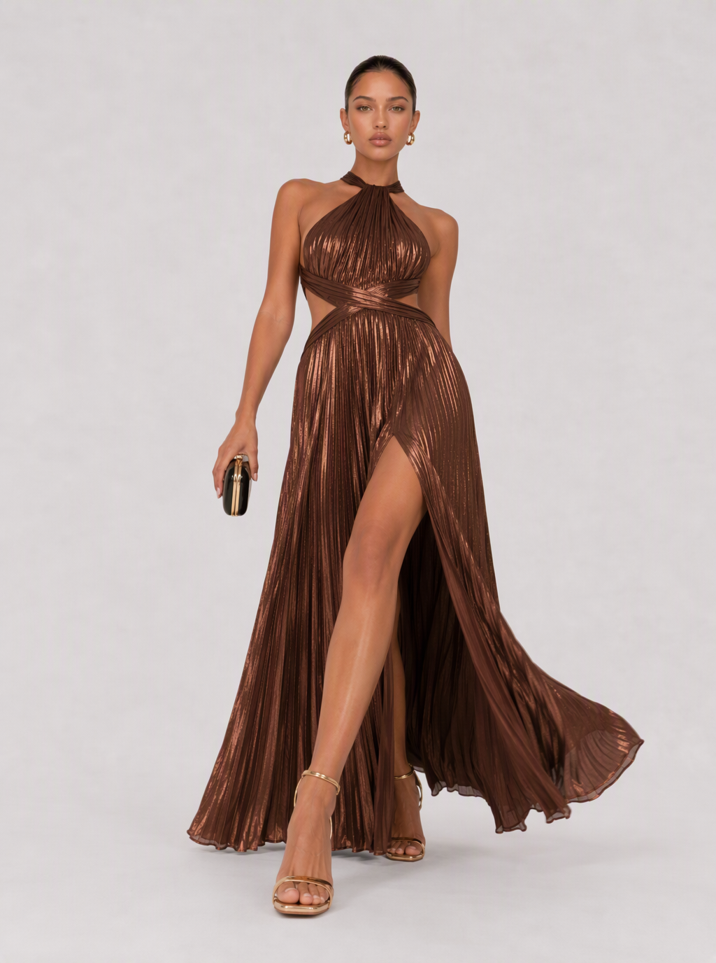 Zephrina Liselotte metallic pleated halter maxi dress in golden brown