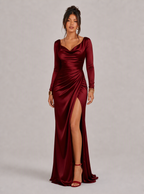 Zephrina Valentina draped satin slit maxi dress in black
