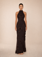 Zephrina Josette embroidered mesh maxi dress in chocolate