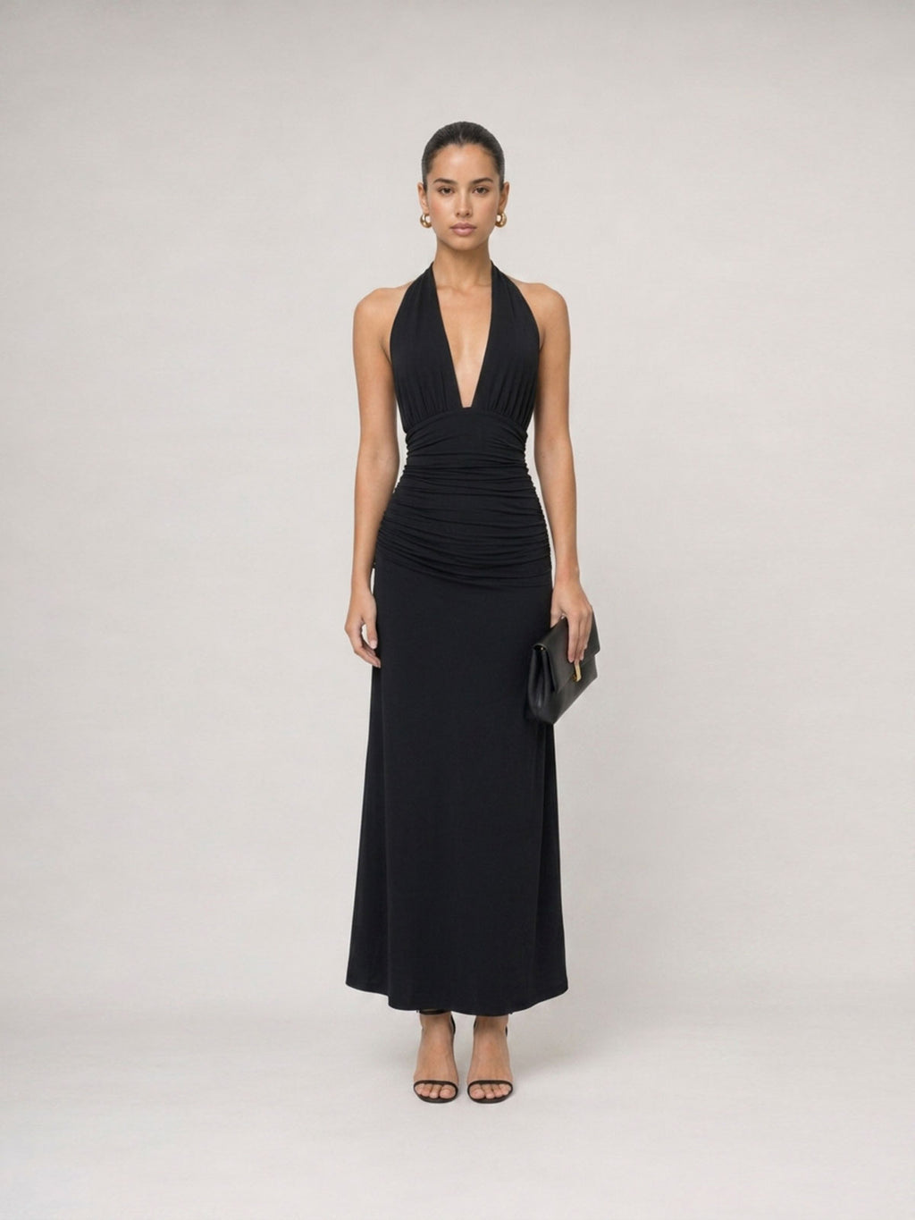 Open-Back Ruched Halter Maxi Dress