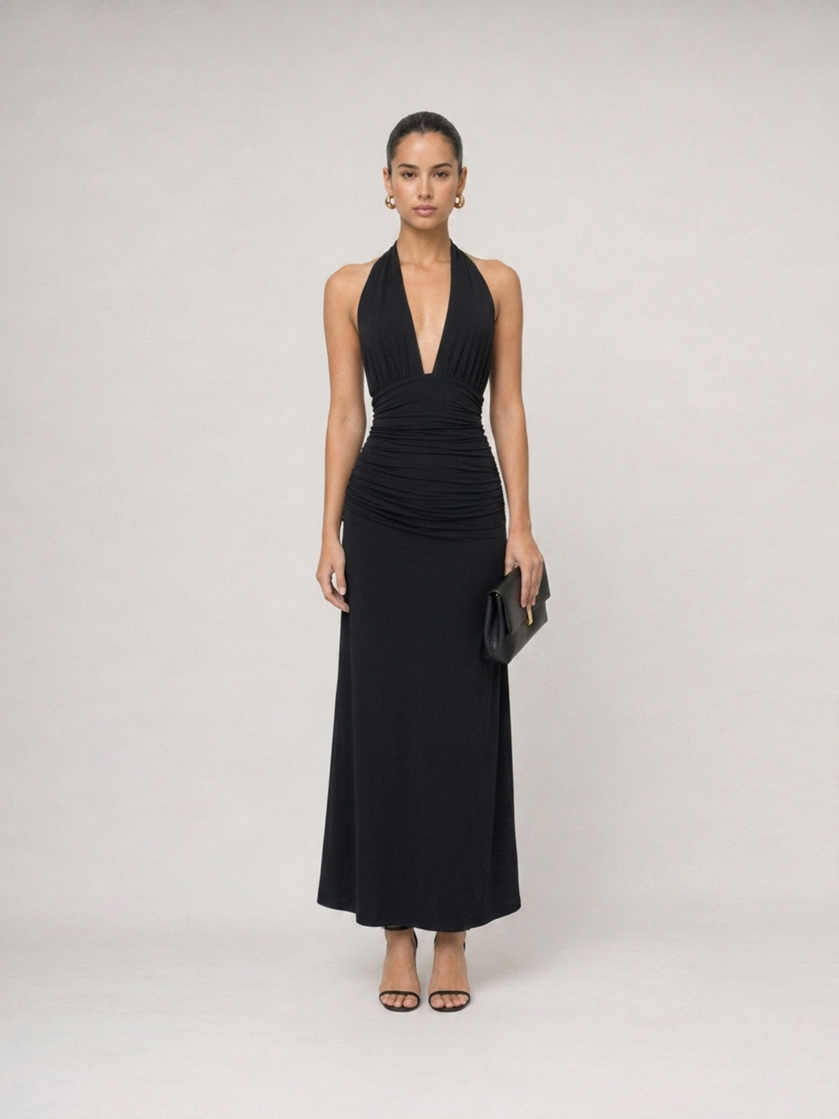 Open-Back Ruched Halter Maxi Dress