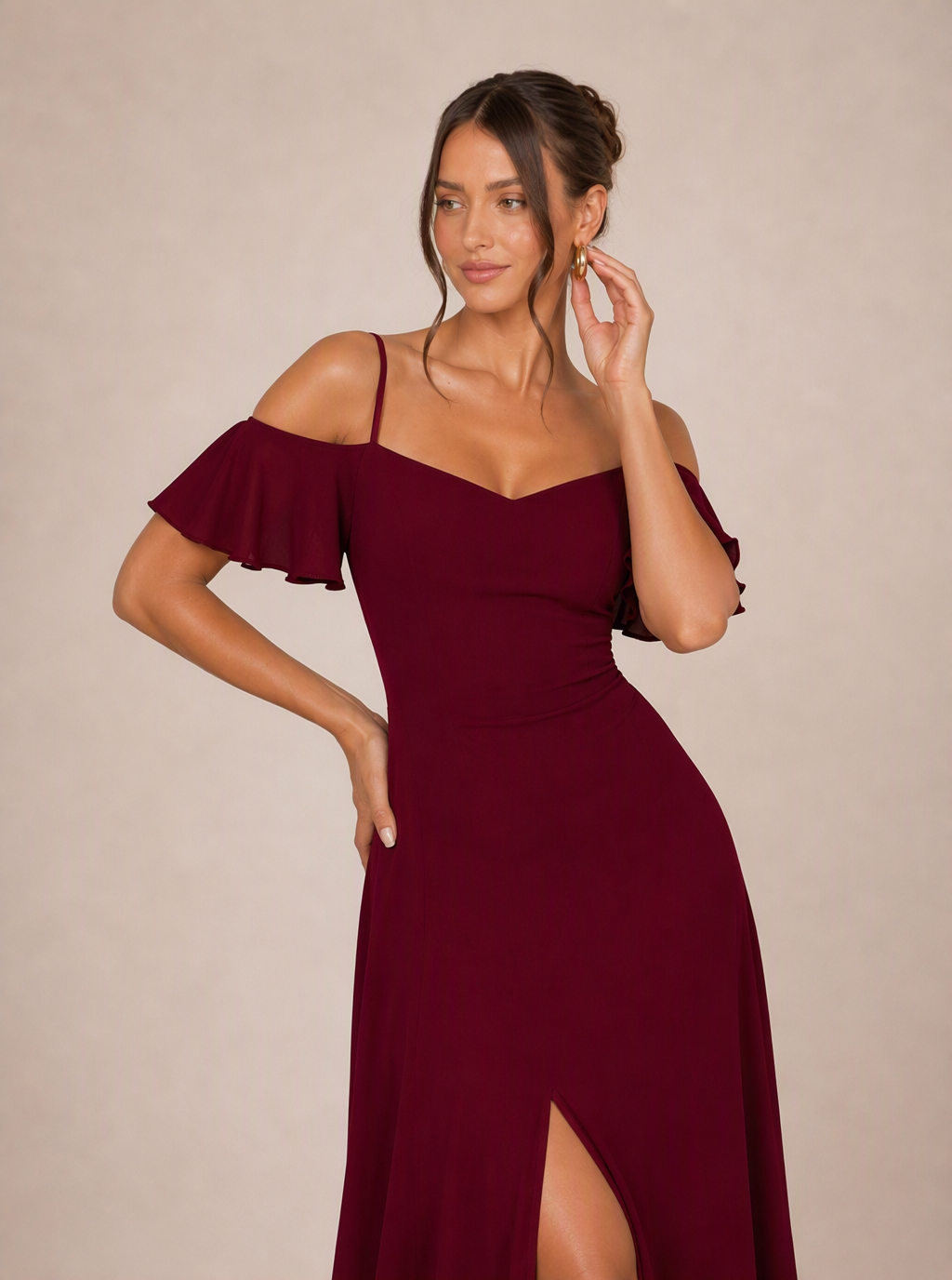 Zephrina Xavielle off-shoulder slit maxi dress in burgundy