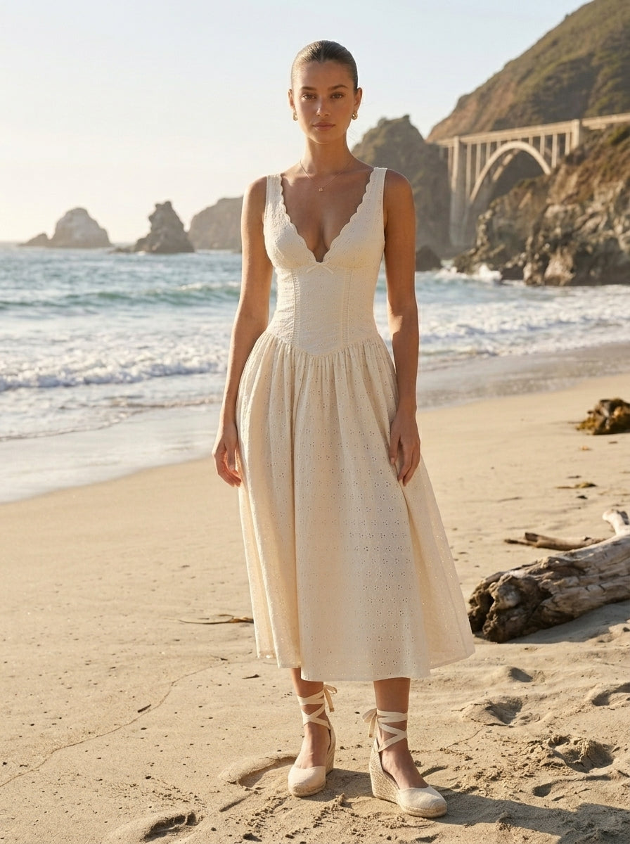 Scallop-Trim Eyelet Corset Midi Dress