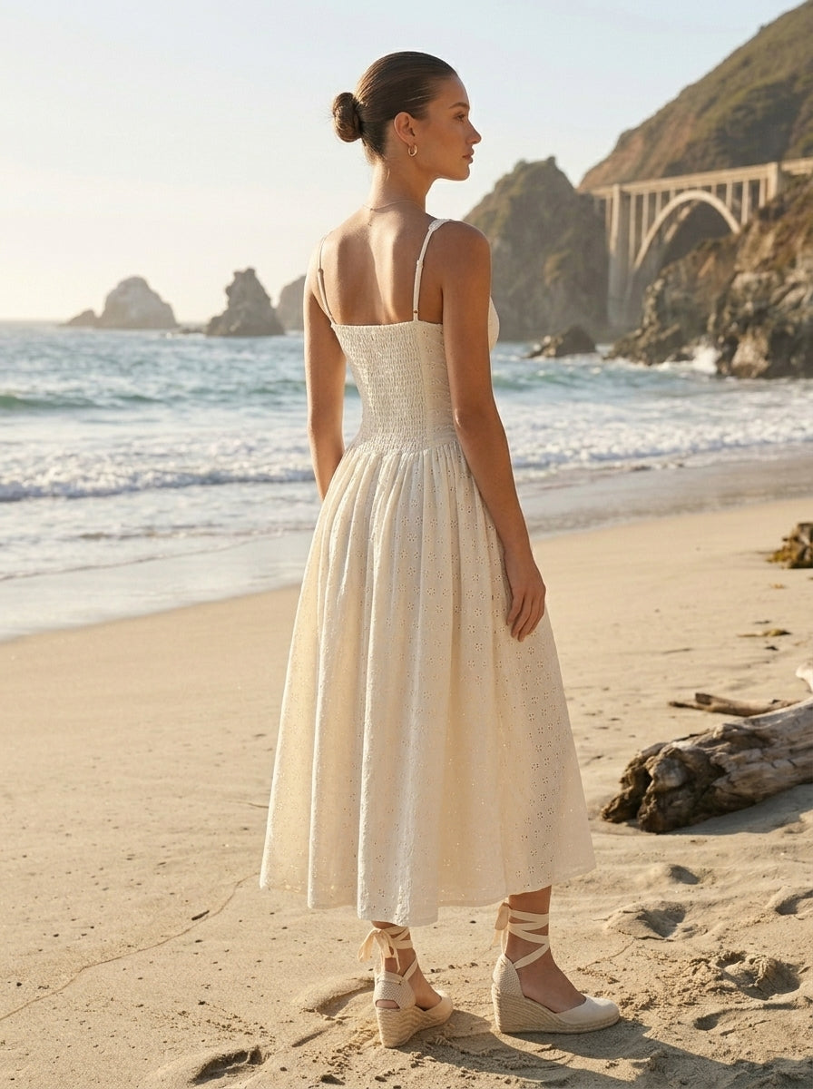 Scallop-Trim Eyelet Corset Midi Dress