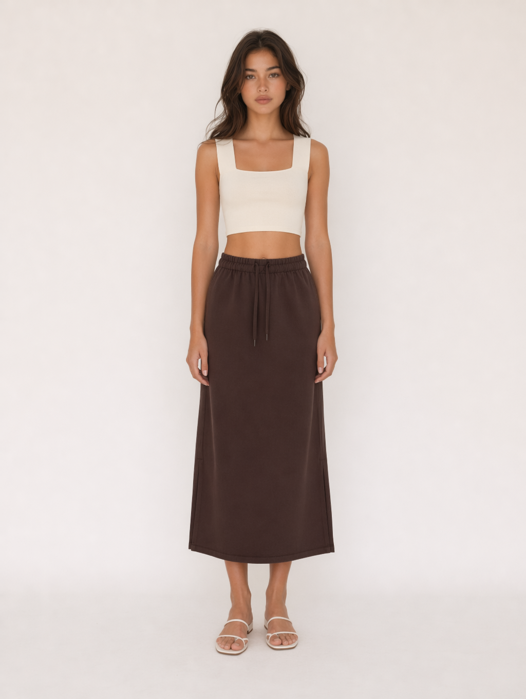 Drawstring Side Slit Midi Skirt