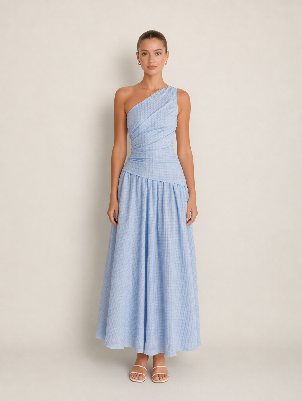 Sky Blue One-Shoulder Ruched Midi Dress