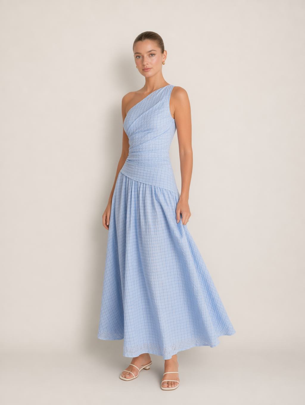 Sky Blue One-Shoulder Ruched Midi Dress