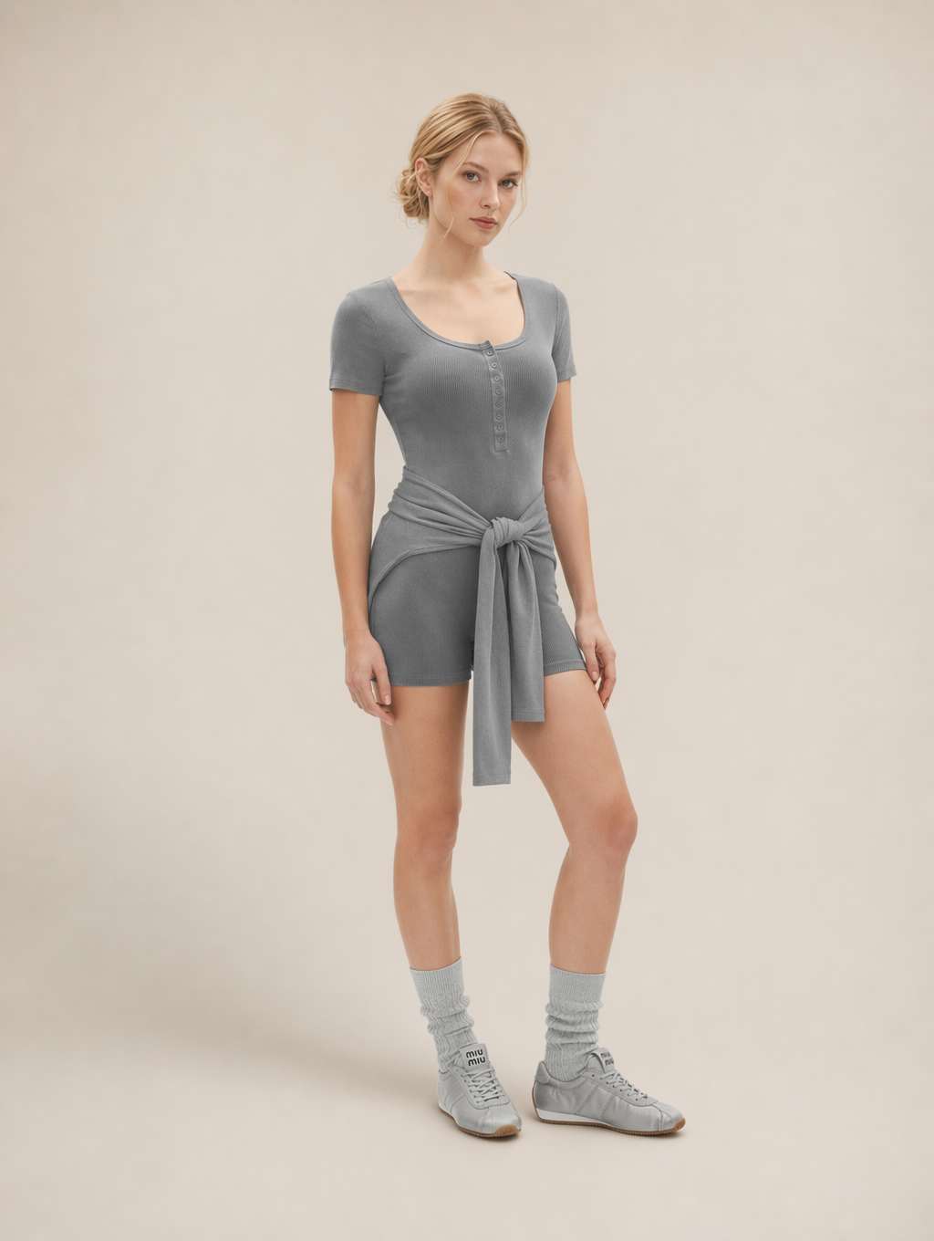 Ballet-Inspired Fitted Short Sleeve Unitard with Wrap Tie Waist