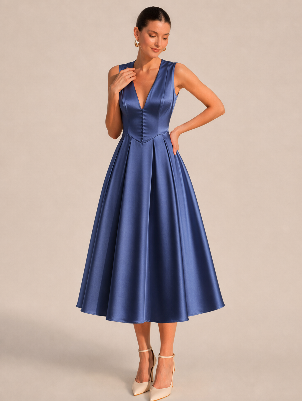 V-Neck Satin Midi Evening Dress