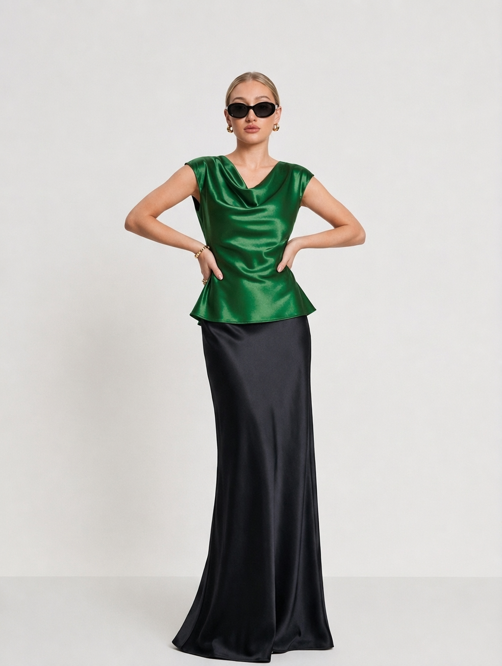 Elegant Acetate Satin Cowl Neck Top + Maxi Skirt Set