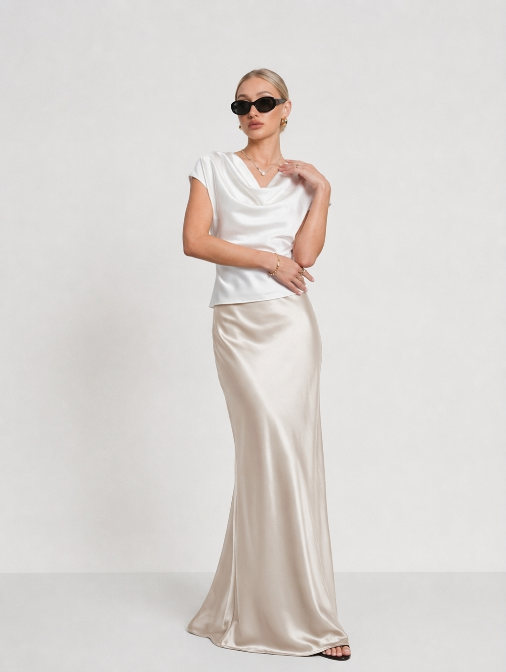 Elegant Acetate Satin Cowl Neck Top + Maxi Skirt Set