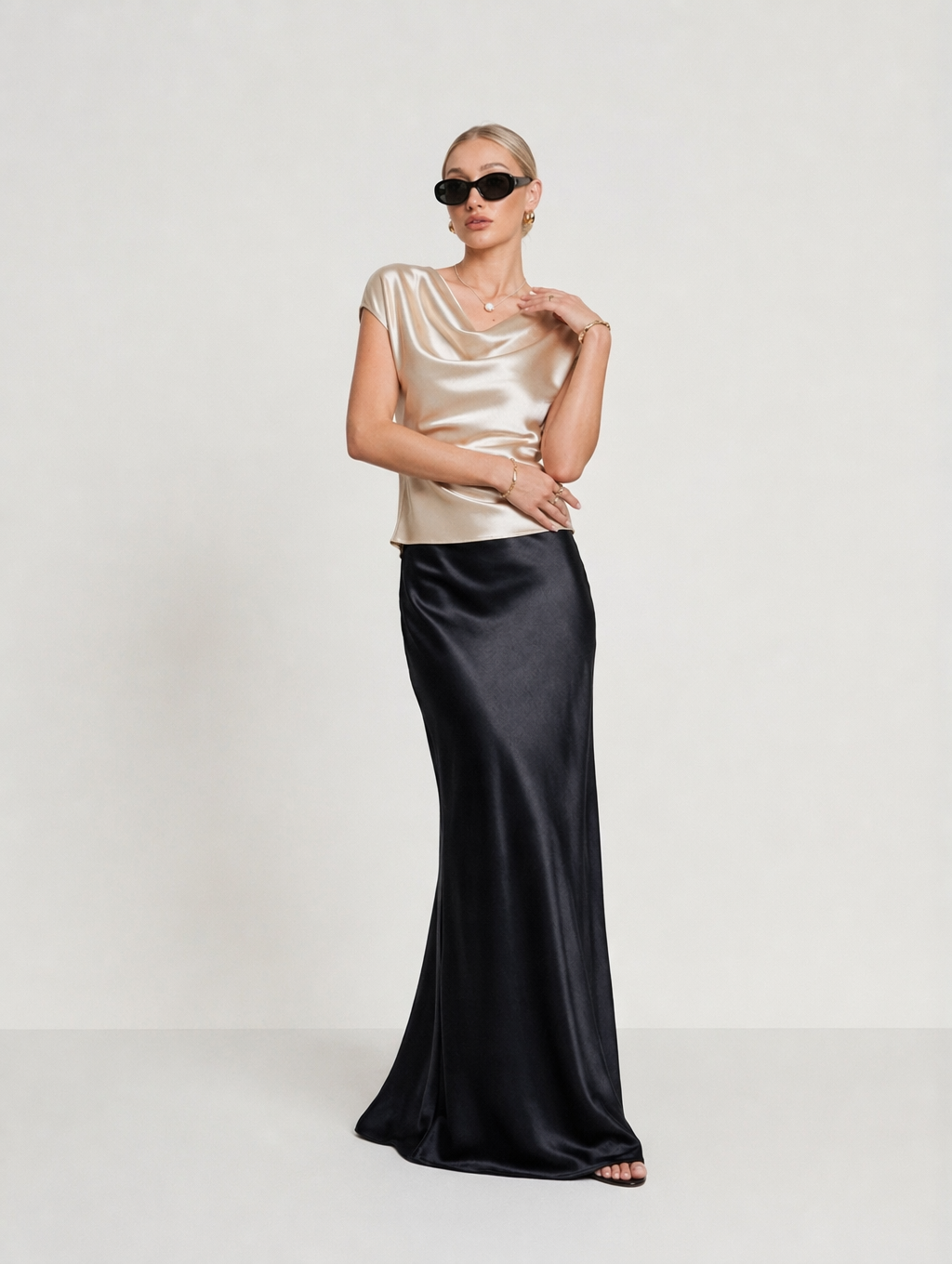 Elegant Acetate Satin Cowl Neck Top + Maxi Skirt Set