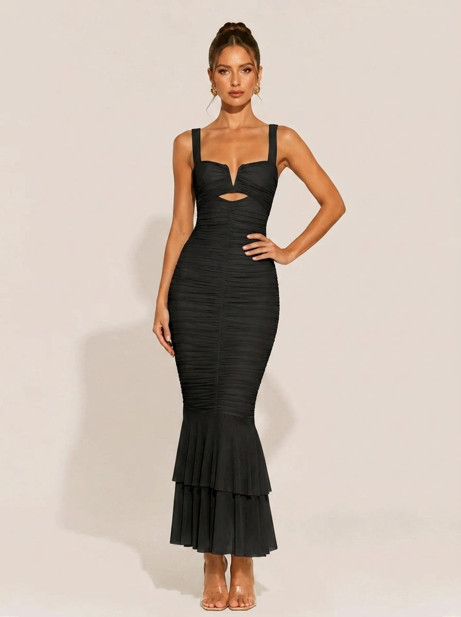 Strap Ruched Fitted Mermaid Maxi Dress
