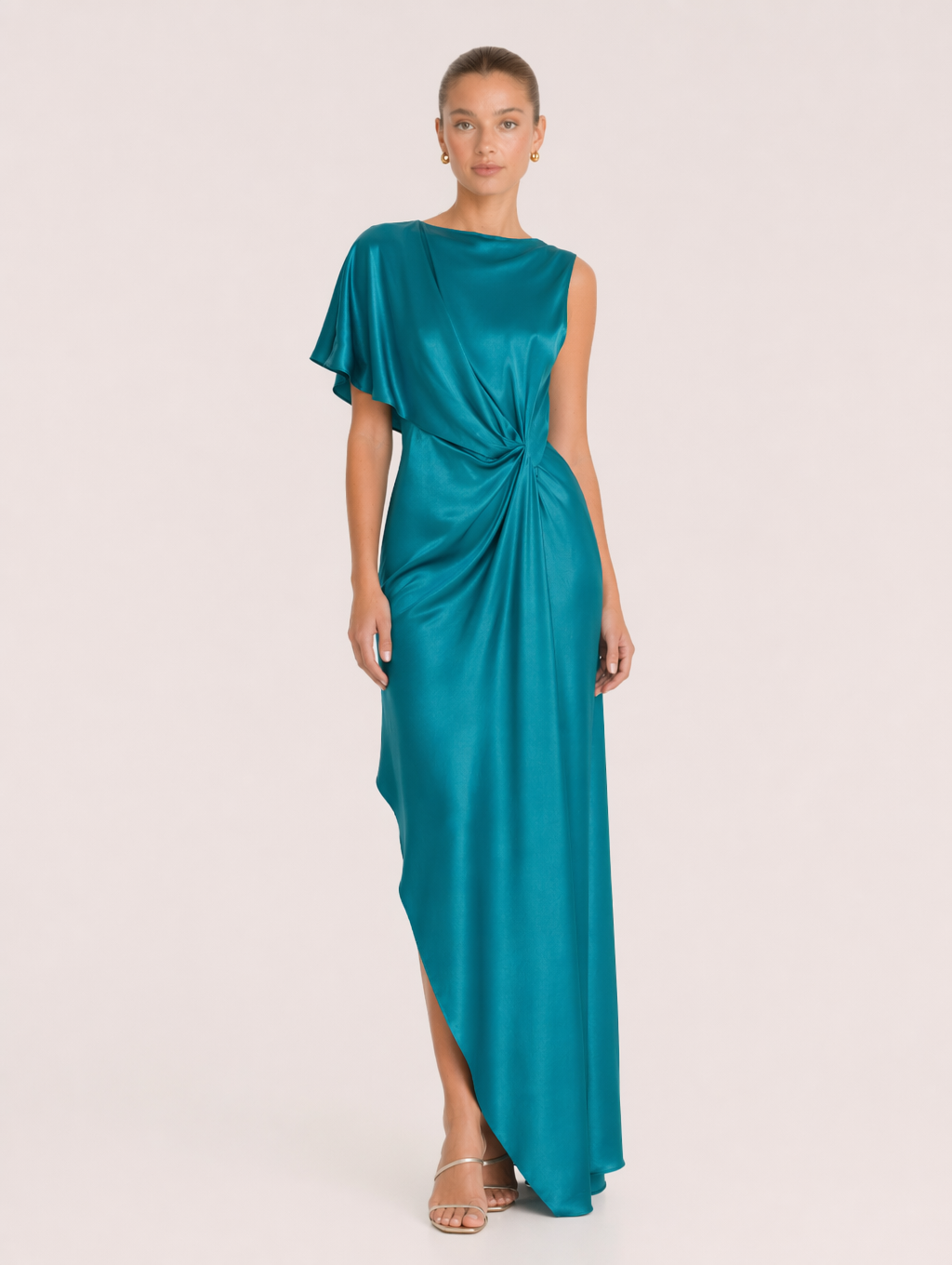 Blue Satin Asymmetrical Knotted Maxi Dress