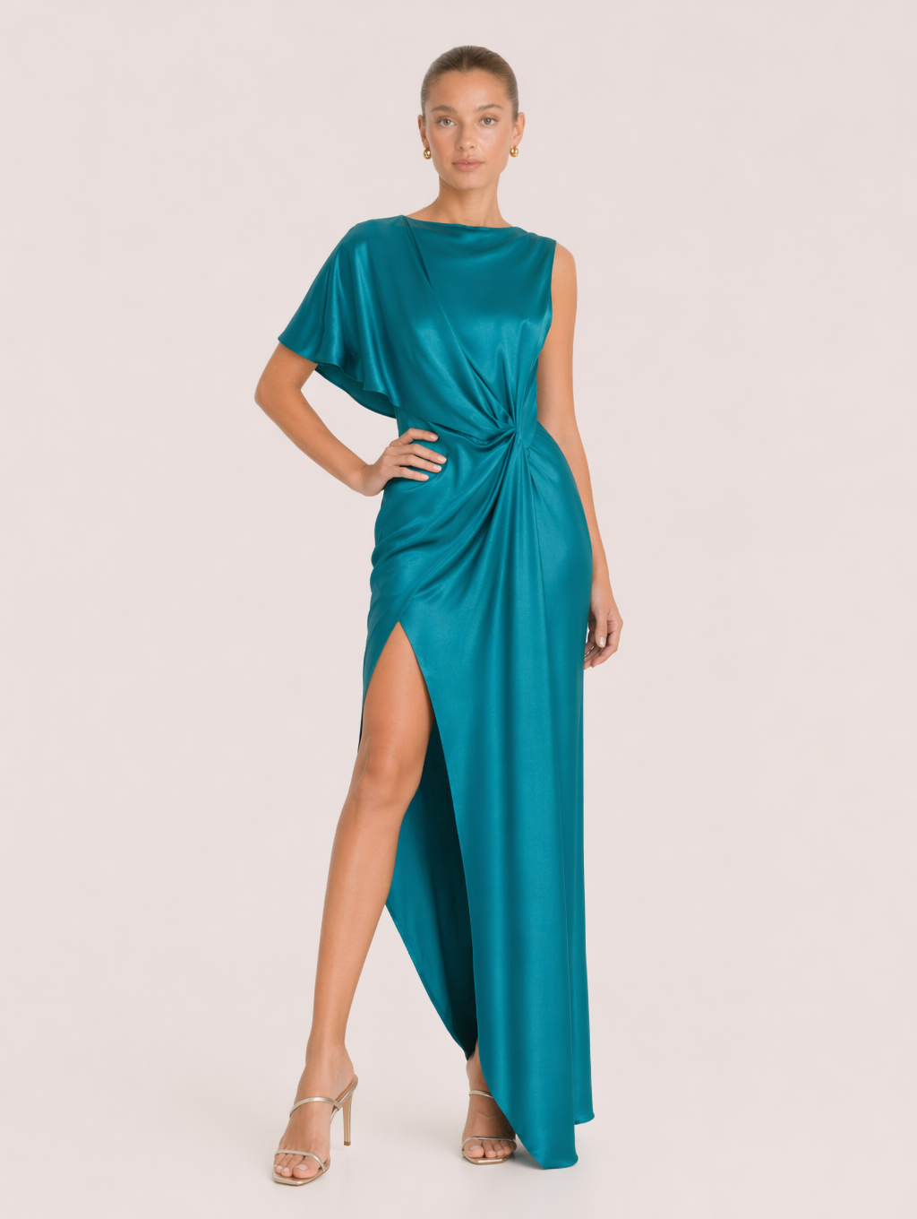 Blue Satin Asymmetrical Knotted Maxi Dress