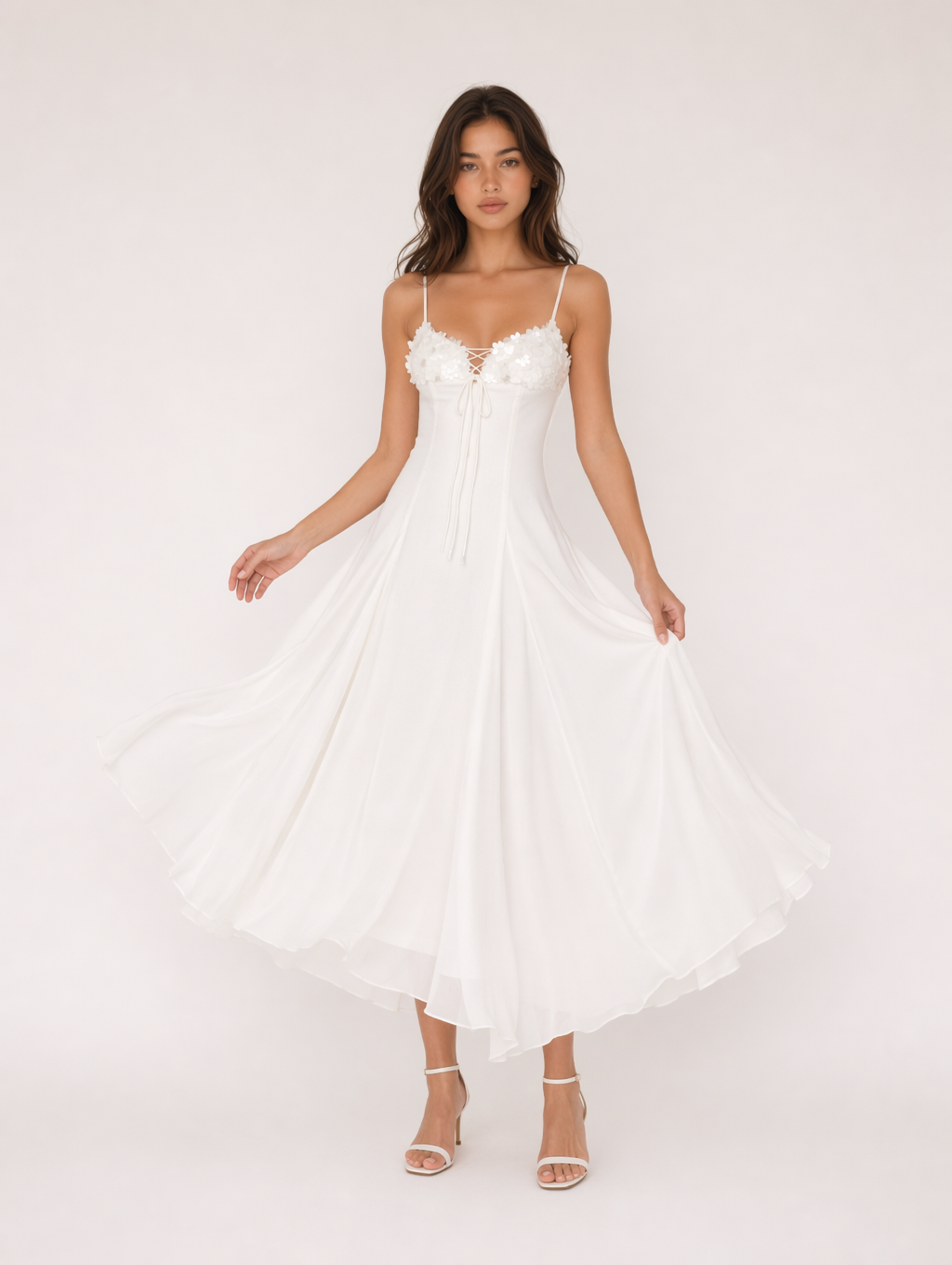 White 3D Floral Spaghetti Strap Midi Dress