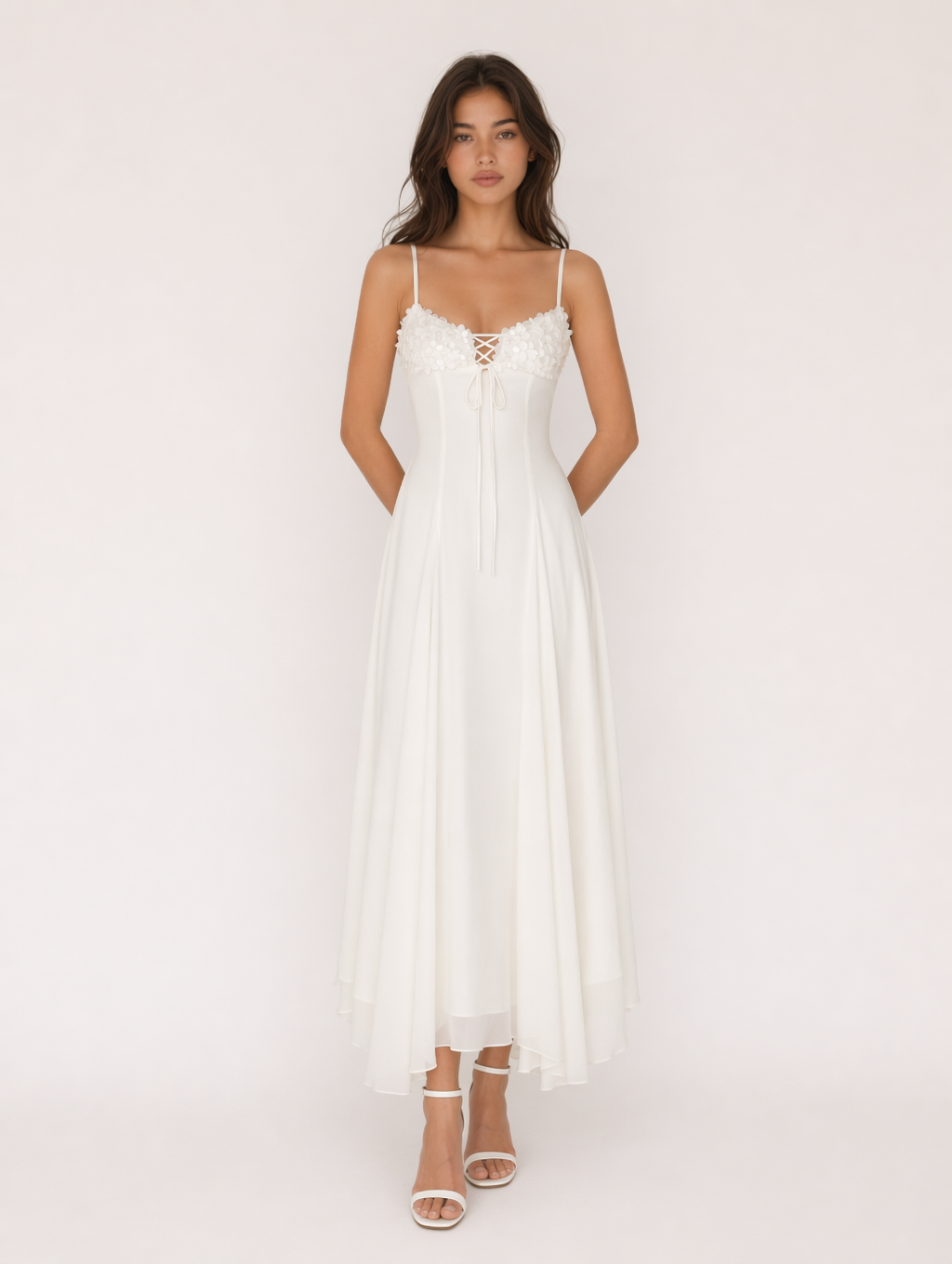 White 3D Floral Spaghetti Strap Midi Dress