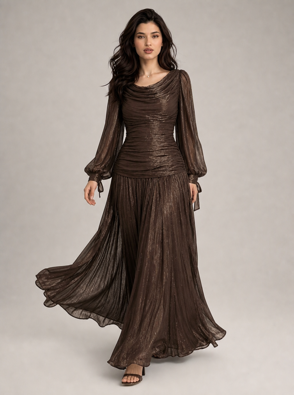 Zephrina Nerissa ruched sheer maxi dress in brown