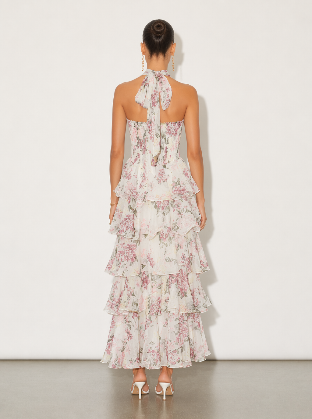 Zephrina Bianca floral tiered halter maxi dress in pink