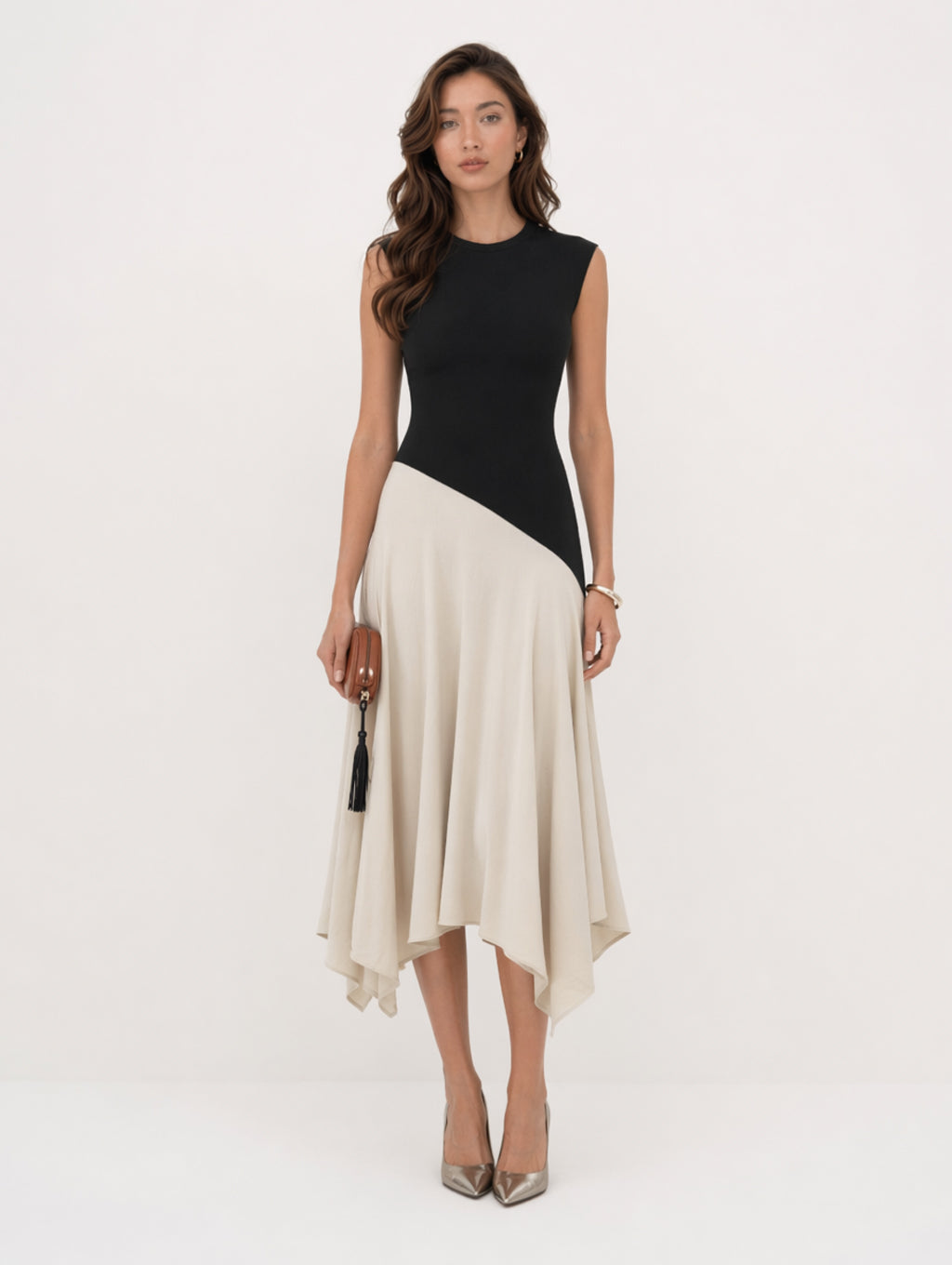 Color Block Sleeveless Asymmetrical Midi Dress