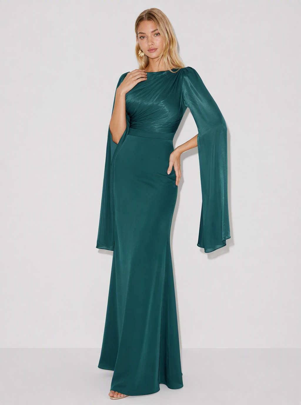 Zephrina Evelina satin cape sleeve maxi dress