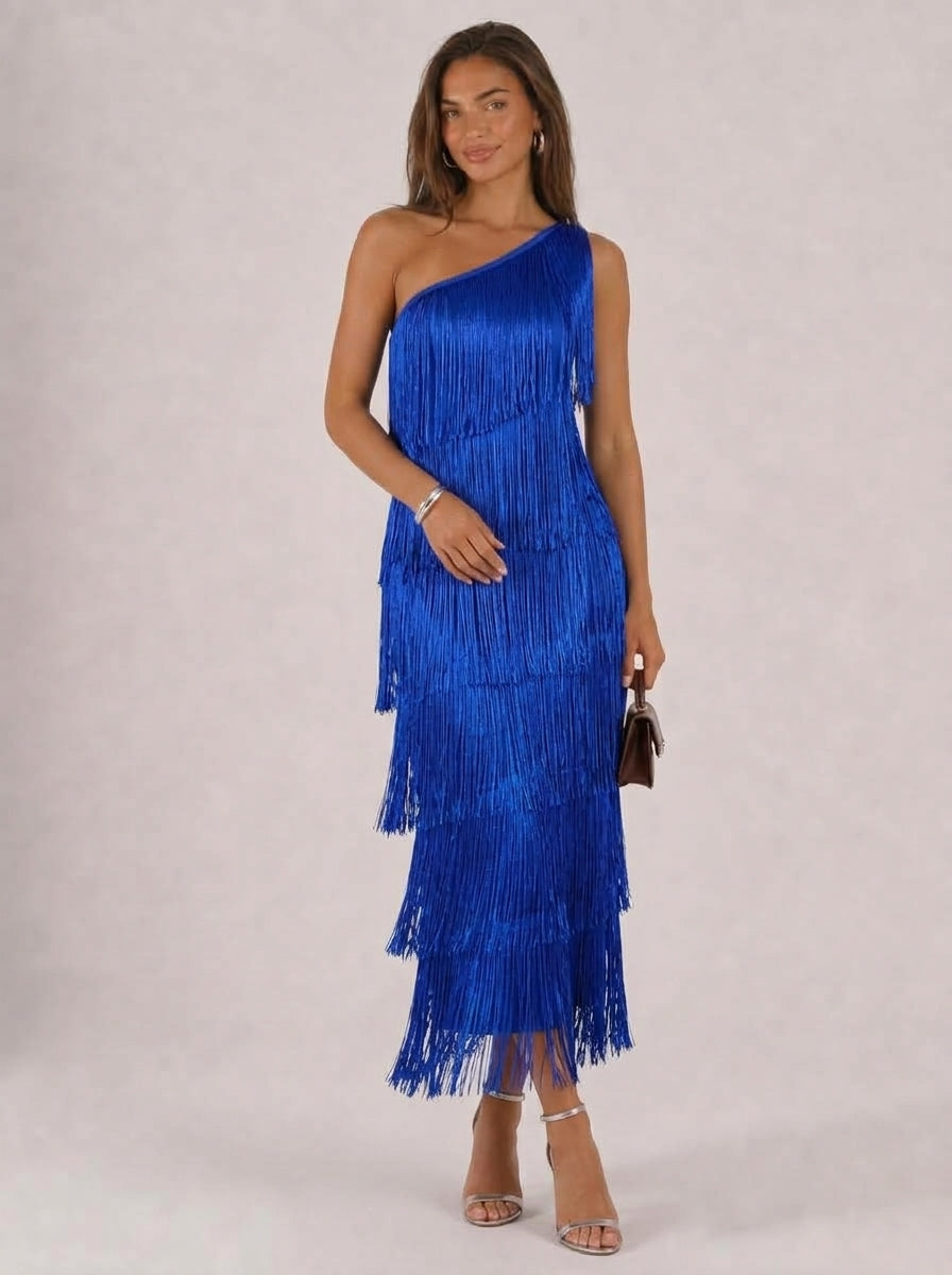 Zephrina Orielle one-shoulder fringe midi dress in royal blue